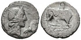 GENS CAECILIA. Denario. (Ar. 2,66g/19mm). 81 a.C. Hispania. Anv: Cabeza diademada de la Piedad a derecha, delante cigüeña. Rev: Elefante a izquierda, ...