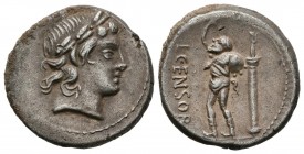 GENS MARCIA. Denario. (Ar. 3,82g/18mm). 88 a.C. Roma. Anv: Busto laureado a derecha de Apolo. Rev: Sátiro Marsyas estante a izquierda, a derecha colum...