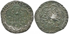 PEDRO I (1350-1368). 4 Maravedís. (Ve. 6,19g/30mm). Sevilla. (FAB-386). Anv: PETRVS DEI GRACIA REX CASTELLE E LEGIONIS. Castillo dentro gráfila lobula...