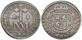 CARLOS II (1665-1700). 8 Reales. (Ar. 21,55g/37mm). 1687. Segovia BR. (Cal-2019-774). Tipo María. MBC+. Raya en anverso. Preciosa pátina. Muy rara.