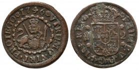 FELIPE V (1700-1746). 2 Maravedís (Ae. 3,33g/21mm). 1746. Segovia. (Cal-2019-75). MBC. Escasa.