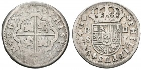 FELIPE V (1700-1746). 2 Reales. (Ar. 4,43g/27mm). 1725. Sevilla J. (Cal-2019-983). BC+.