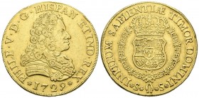 FELIPE V (1700-1746). 8 Escudos. (Au. 26,91g/36mm). 1729. Sevilla S. (Cal-2019-2304). MBC+. Raro. Sirvió como joya.