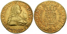 FERNANDO VI (1746-1759). 8 Escudos. (Au. 27,01g/34mm). 1758/7. Santiago J. (Cal-2019-834). EBC-. Rayas en anverso. Ligero tono irisado. Bonito y escas...