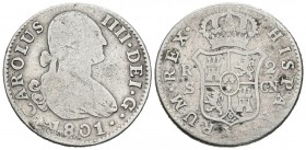 CARLOS IV (1788-1808). 2 Reales. (Ar. 5,62g/26mm). 1801. Sevilla CN. (Cal-2019-722). BC+.