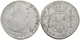 CARLOS IV (1788-1808). 8 Reales (Ar. 26,63g/38mm). 1791. México. FM. (Cal-2019-953). MBC. Limpiada.