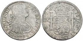 CARLOS IV (1788-1808). 8 Reales. (Ar. 26,31g/38mm). 1794. México FM. (Cal-2019-956). MBC. Oxidaciones limpiadas.