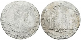 CARLOS IV (1788-1808). 8 Reales (Ar. 24.05g/41mm). 1791. Potosí . (Cal-2019-991). Primer año de busto propio. BC/MBC-. Escasa.