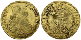 CARLOS IV (1788-1808). 8 Escudos. (Au. 26,95g/37mm). 1807. Nuevo Reino JJ. (Cal-2019-1748). MBC. Restos de suciedad.