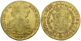 CARLOS IV (1788-1808). 8 Escudos. (Au. 27,00g/37mm). 1792. Santiago. DA. (Cal-2019-1757). Busto de Carlos III. MBC. Rayitas en anverso. Golpe en el ca...