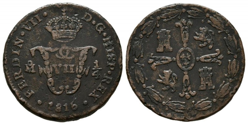 FERNANDO VII (1808-1833). 1/4 de Tlaco ó 1/2 Real. (Ae. 3,52g/21mm). 1815. Méxic...