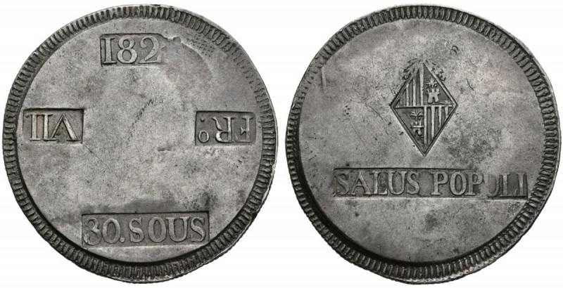 FERNANDO VII (1808-1833). 30 Sous. (Ar. 26,70g/ 41mm). 1821. Mallorca. (Cal-2019...