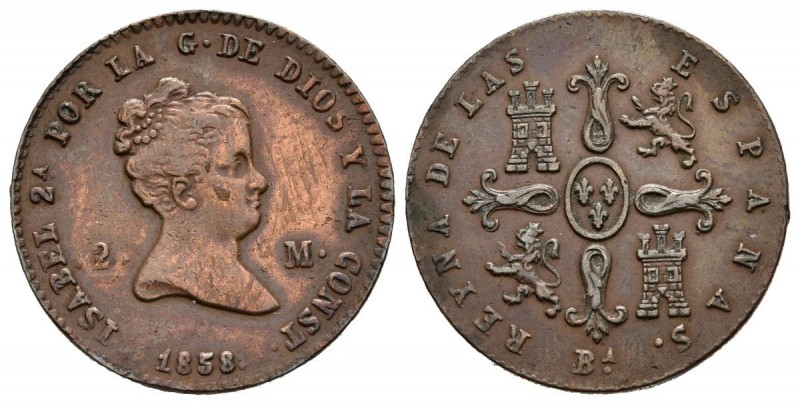 ISABEL II (1833-1868). 2 Maravedís. (Ae. 2,31g/19mm). 1858. Barcelona. (Cal-2019...