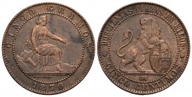 GOBIERNO PROVISIONAL (1868-1871). 5 Céntimos. (Ae. 5,05g/25mm).1870. Barcelona OM. (Cal-2019-5). EBC-.