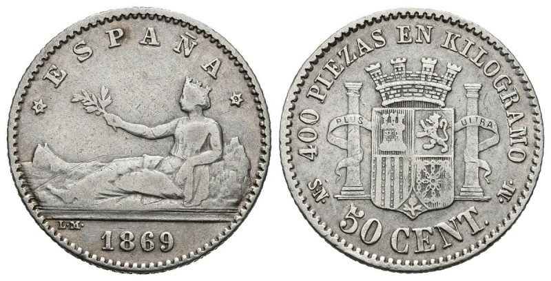 GOBIERNO PROVISIONAL (1868-1871). 50 Céntimos. (Ar. 2,41g/16mm). 1869 *18-69. Ma...