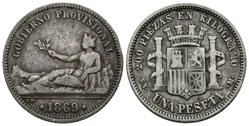 GOBIERNO PROVISIONAL (1868-1871). 1 Peseta. (Ar. 4,88g/23mm). 1869 *18-69. Madri...