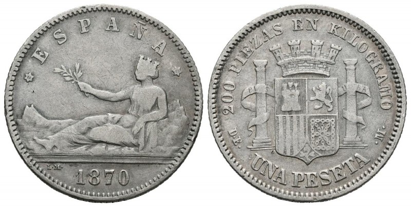 GOBIERNO PROVISIONAL (1868-1871). 1 Peseta. (Ar. 4,86g/23mm). 1870 *18-73. Madri...