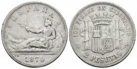 GOBIERNO PROVISIONAL (1868-1871). 2 Pesetas. (Ar. 9,90g/27mm). 1870 *18-70. Madrid SNM. (Cal-2019-24). MBC+. Restos de pátina verde.