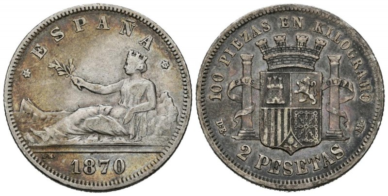 GOBIERNO PROVISIONAL (1868-1871). 2 Pesetas. (Ar. 9,68g/27mm). 1870 *18-73. Madr...