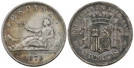 GOBIERNO PROVISIONAL (1868-1871). 2 Pesetas. (Ar. 9,68g/27mm). 1870 *18-73. Madrid DEM. (Cal-2019-28). MBC. Marquitas en reveso. Bonita pátina.