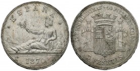 GOBIERNO PROVISIONAL (1868-1871). 5 Pesetas. (Ar. 25,01g/37mm). 1870 *18-70. Madrid SNM. (Cal-2019-39). MBC+
