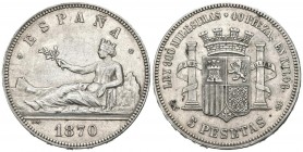GOBIERNO PROVISIONAL (1868-1871). 5 Pesetas. (Ar. 24,99g/37mm). 1870 *18-70. Madrid SNM. (Cal-2019-39). MBC+.