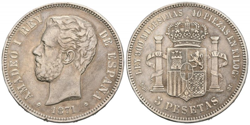 AMADEO I (1871-1873). 5 Pesetas. (Ar. 24,84g/38mm). 1871. *18-71. Madrid. SDM. (...