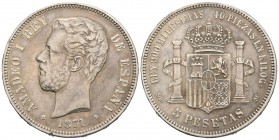 AMADEO I (1871-1873). 5 Pesetas. (Ar. 24,84g/38mm). 1871. *18-71. Madrid. SDM. (Cal-2019-1).MBC+.