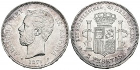 AMADEO I (1871-1873). 5 Pesetas. (Ar. 24,95g/37mm). 1871 *18-71. Madrid SDM. (Cal-2019-1). EBC. Rayitas de limpieza. Golpecito en el canto.