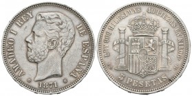 AMADEO I (1871-1873). 5 Pesetas. (Ar. 24,77g/38mm). 1871 *18-74. Madrid DEM. (Cal-2019-5). MBC+.