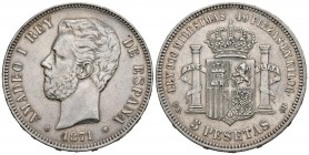 AMADEO I (1871-1873). 5 Pesetas (Ar. 24,92g/37mm). 1871 *18-74. Madrid DEM. (Cal-2019-5). MBC+. Limpiada.