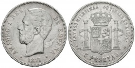 AMADEO I (1871-1873). 5 Pesetas. (Ar. 24,87g/38mm). 1871 *18-75. Madrid DEM. (Cal-2019-7). Acuñada bajo reinado de Alfonso XII. MBC.