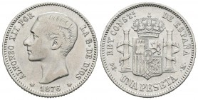 ALFONSO XII (1874-1885). 1 Peseta. (Ar. 4,89g/23mm). 1876 *18-76. Madrid DEM. (Cal-2019-15). EBC-. Alguna rayita en anverso. Restos de brillo original...
