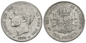 ALFONSO XII (1874-1885). 1 Peseta. (Ar. 4,91g/23mm). 1885 *18-86. Madrid MSM. (Cal-2019-25). MBC+. Acuñación póstuma.