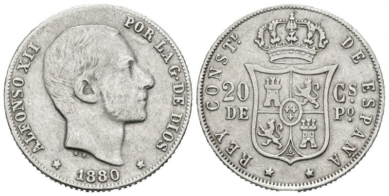 ALFONSO XII (1874-1885). 20 Centavos. (Ar. 5,00g/23mm). 1880. Manila. (Cal-2019-...