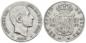 ALFONSO XII (1874-1885). 20 Centavos. (Ar. 5,00g/23mm). 1880. Manila. (Cal-2019-103). BC+/MBC. Limpiada. Muy escasa.