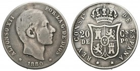 ALFONSO XII (1874-1885). 20 Centavos. (Ar. 4,90g/23mm). 1880. Manila. (Cal-2019-103). BC+. Muy escasa.
