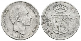 ALFONSO XII (1874-1885). 20 Centavos. (Ar. 5,06g/23mm). 1883. Manila. (Cal-2019-109). MBC. Rayitas de limpieza