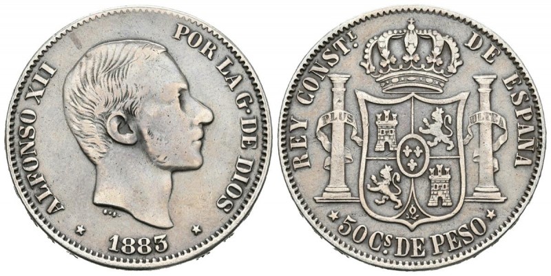 ALFONSO XII (1874-1885). 50 Centavos. (Ar. 12,71g/30mm). 1883. Manila. (Cal-2019...