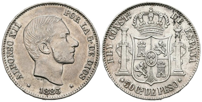 ALFONSO XII (1874-1885). 50 Centavos. (Ar. 12,94g/30mm). 1885. Manila. (Cal-2019...