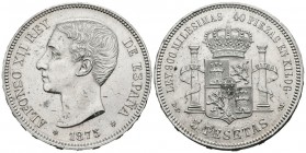 ALFONSO XII (1874-1885). 5 Pesetas. (Ar. 24,80g/37mm). 1875 *18-75. Madrid DEM. (Cal-2019-35). EBC. Marquitas y un leve golpe en el canto. Limpiada. E...