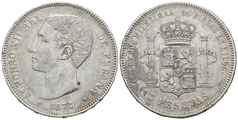 ALFONSO XII (1874-1885). 5 Pesetas. (Ar. 24,99g/37mm). 1875 *18-75. Madrid. DEM....