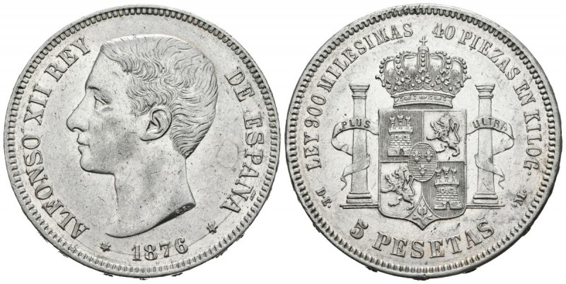 ALFONSO XII (1874-1885). 5 Pesetas. (Ar. 24,91g/37mm). 1876 *18-76. Madrid DEM. ...