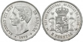 ALFONSO XII (1874-1885). 5 Pesetas. (Ar. 24,91g/37mm). 1876 *18-76. Madrid DEM. (Cal-2019-37). EBC-/MBC+. Rotura de cuño. Limpiada.