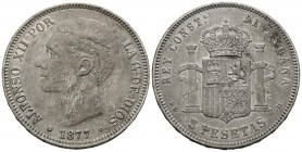 ALFONSO XII (1874-1885). 5 Pesetas. (Ar. 24,75g/37mm). 1877 *18-77. Madrid DEM. (Cal-2019-38). MBC+/EBC-.