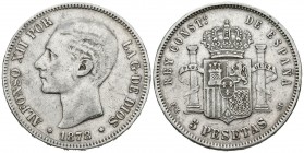 ALFONSO XII (1874-1885). 5 Pesetas. (Ar. 24,67g/37mm). 1878 *18-78. Madrid EMM. (Cal-2019-41). Estrellas apenas visibles. MBC-.