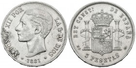 ALFONSO XII (1874-1885). 5 Pesetas. (Ar. 25,06g/37mm). 1881 *18-81. Madrid MSM/DEM. (Cal-2019-43). MBC+. Marquitas.