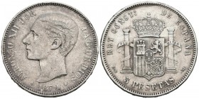 ALFONSO XII (1874-1885). 5 Pesetas. (Ar. 24,99g/37mm). 1879 *18-79 . Madrid EMM. (Cal-2019-42). MBC.