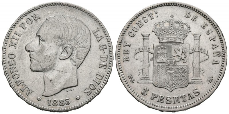 ALFONSO XII (1874-1885). 5 Pesetas. (Ar. 24,71g/37mm). 1883 *18-83. Madrid MSM. ...