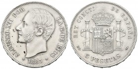 ALFONSO XII (1874-1885). 5 Pesetas. (Ar. 24,86g/37mm). 1885 *18-87. Madrid MSM. (Cal-2019-62). Acuñación póstuma. EBC. Limpiada.